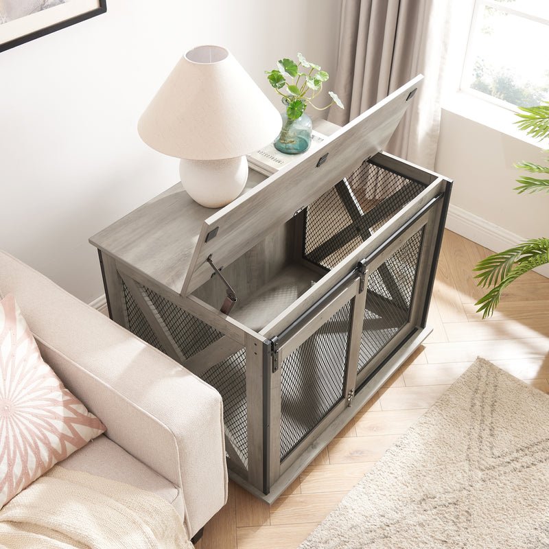 Dog Cage Crate Furniture with Sliding Barn Door, Farmhouse Wooden Dog Kennel End Table with Flip-top Plate Dog House with Detachable Divider for Small/Medium/Large Dog