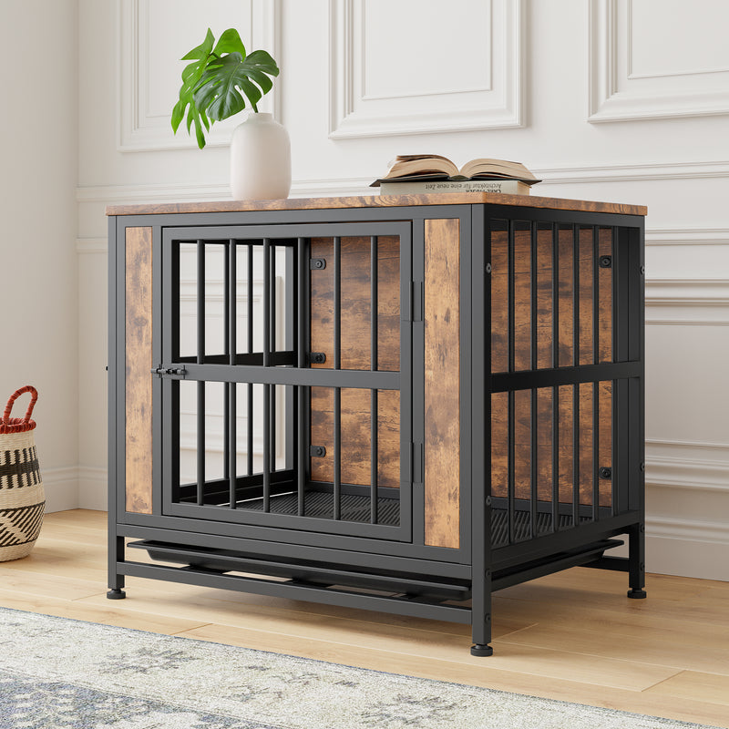 Dog Crate Furniture, Wooden Dog Crate Table, Dog Kennel with 2 Sliding Doors and Thick Iron Door Frame, Decorative Pet Crate House for Small Dog Indoor Use