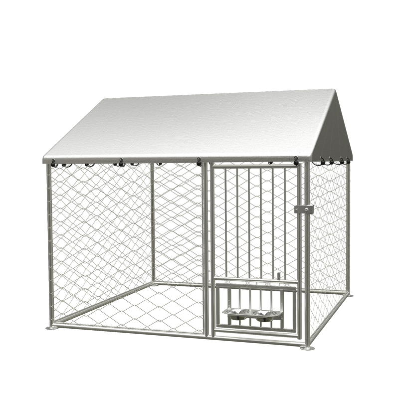 Large outdoor kennel, heavy duty outdoor fenced dog cage with swivel feeder, outdoor dog playpen with waterproof UV protection cover and safety lock,6.67'w x 6.67'd x 5'h