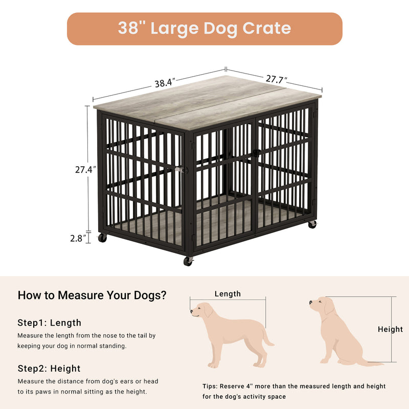 Furniture style dog crate wrought iron frame door with side openings, Rustic Brown, 43.3''W x 29.9''D x 33.5''H.