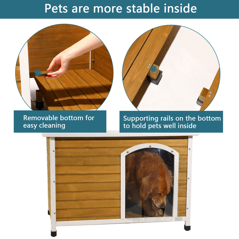 Medium Wooden Outdoor Dog House, Waterproof Roof, Elevated Floor, Adjustable Plastic Feet, Red, Grey, Yellow