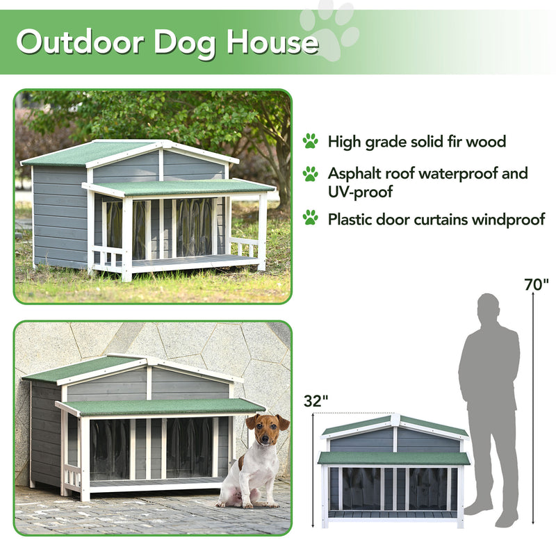 47.2" Large Wooden Dog House Outdoor, Outdoor & Indoor Dog Crate, Cabin Style, With Porch, 2 Doors, Gray And Green