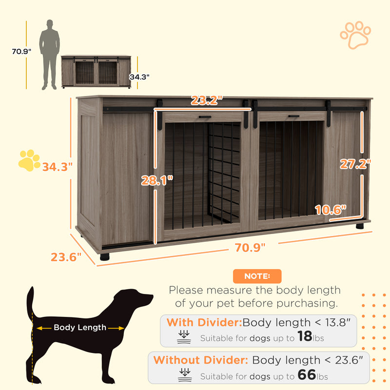 Dog Crate Furniture with Removable Divider for 2 Small Dogs or 1 Large Dog, 71" Modern Dog Kennel Furniture End Table with Storage, Double Doors, Walnut