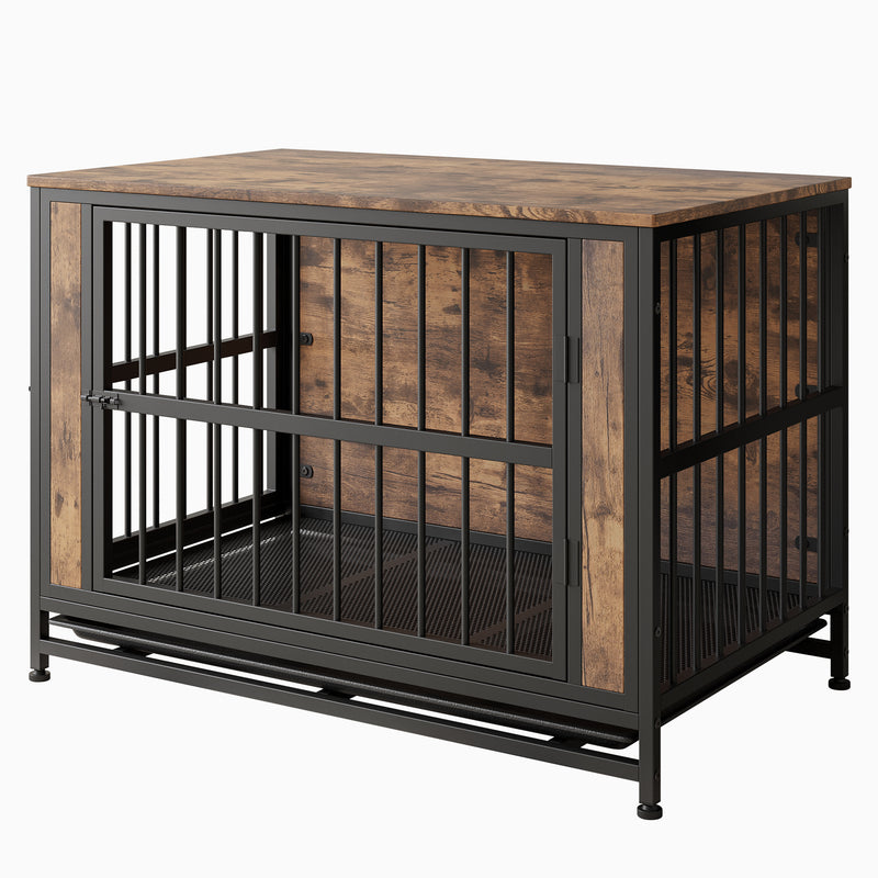 Dog Crate Furniture, Wooden Dog Crate Table, Dog Kennel with 2 Sliding Doors and Thick Iron Door Frame, Decorative Pet Crate House for Small Dog Indoor Use