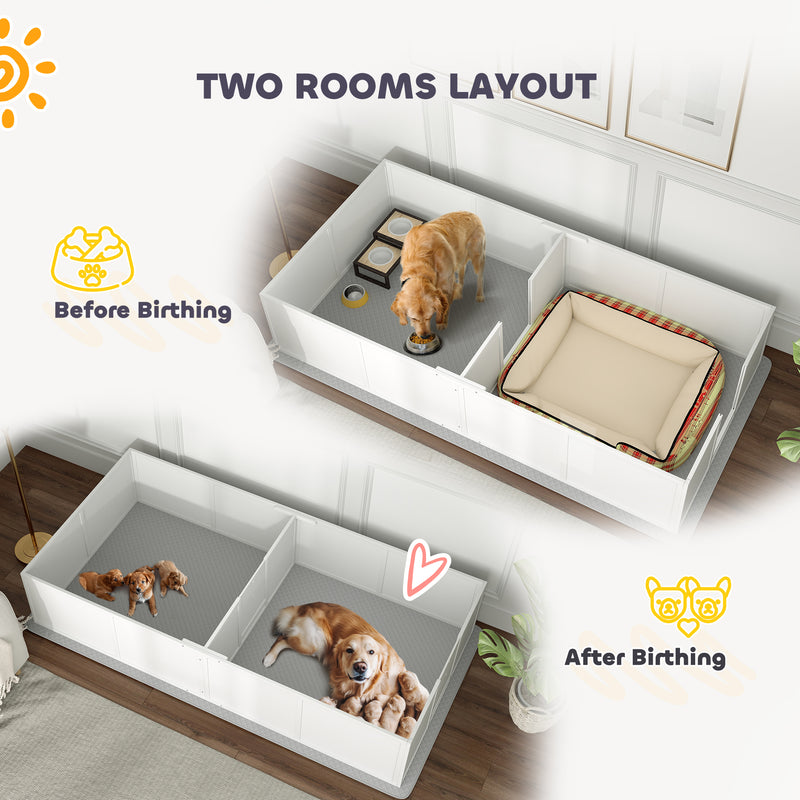 Whelping Box for Dogs and Puppies, Dog Whelping Box with Washable Waterproof Pee Pad & Adjustable Door for Large, Medium and Small Dogs, White, 96" x 47" x 19"