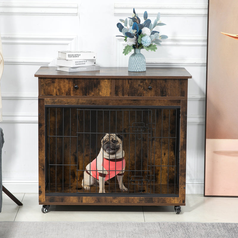 Dog Crate Furniture, Wooden Dog Crate End Table, Dog Kennel with 2 Drawers Storage, Heavy Duty Dog Crate, Decorative Pet Crate Dog Cage for Large Indoor Use