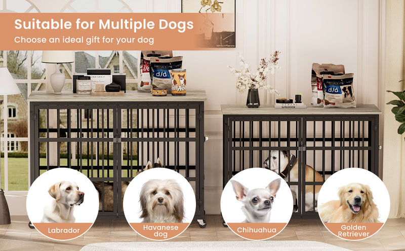 Furniture style dog crate wrought iron frame door with side openings, Rustic Brown, 43.3''W x 29.9''D x 33.5''H.