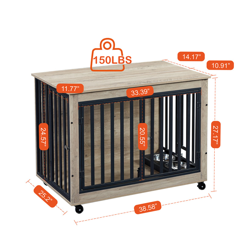 Furniture Style Dog Crate Side Table With Feeding Bowl, Wheels, Three Doors, Flip-Up Top Opening. Indoor, Rustic Brown, Grey