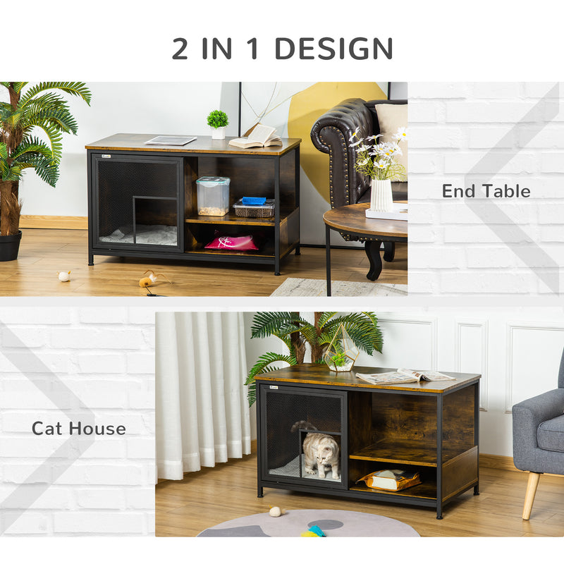 Cat Kennel, Furniture Style Dog Cage, Wood & Steel End Table Pet House with Cushion and Sliding Doors, Rustic Brown