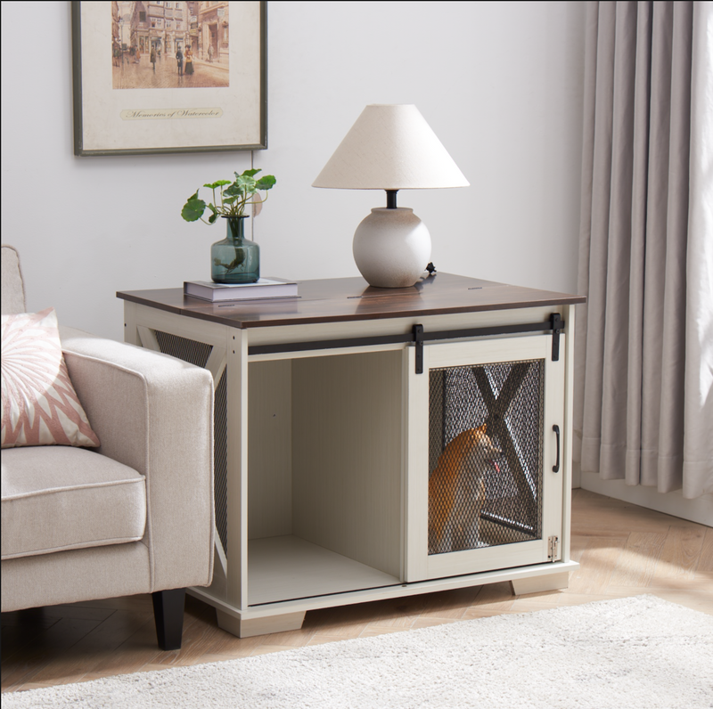 Dog Cage Crate Furniture with Sliding Barn Door, Farmhouse Wooden Dog Kennel End Table with Flip-top Plate Dog House with Detachable Divider for Small/Medium/Large Dog