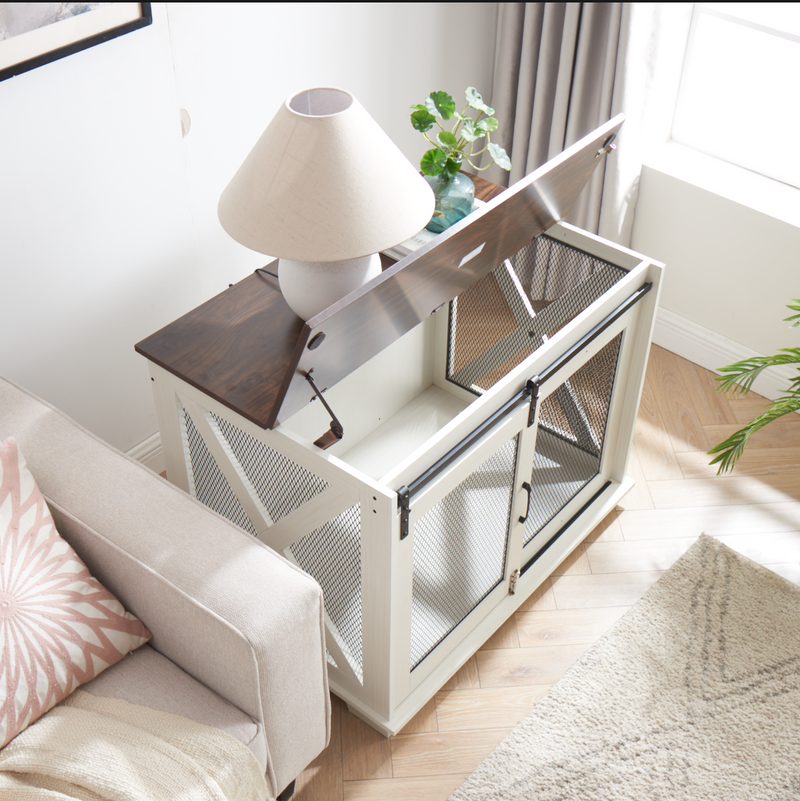 Dog Cage Crate Furniture with Sliding Barn Door, Farmhouse Wooden Dog Kennel End Table with Flip-top Plate Dog House with Detachable Divider for Small/Medium/Large Dog