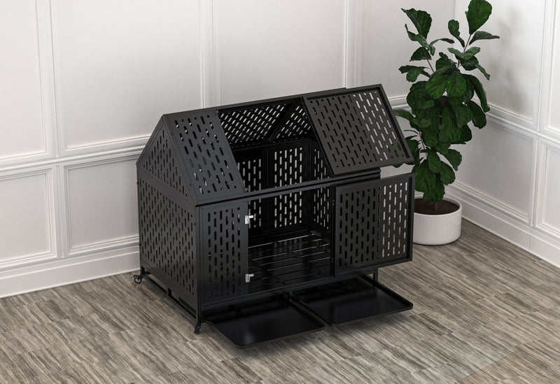 45" Heavy Duty Dog Crate 45 inch Indestructible Pet Dog Cage Crate Kennel with Roof Top 2 Doors Removable Trays, Lockable Wheels, Escape-Proof for High Anxiety Large/Extra Dogs