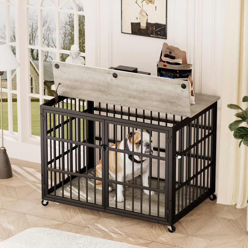 Furniture style dog crate wrought iron frame door with side openings, Rustic Brown, 43.3''W x 29.9''D x 33.5''H.