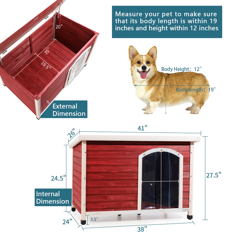 Medium Wooden Outdoor Dog House, Waterproof Roof, Elevated Floor, Adjustable Plastic Feet, Red, Grey, Yellow