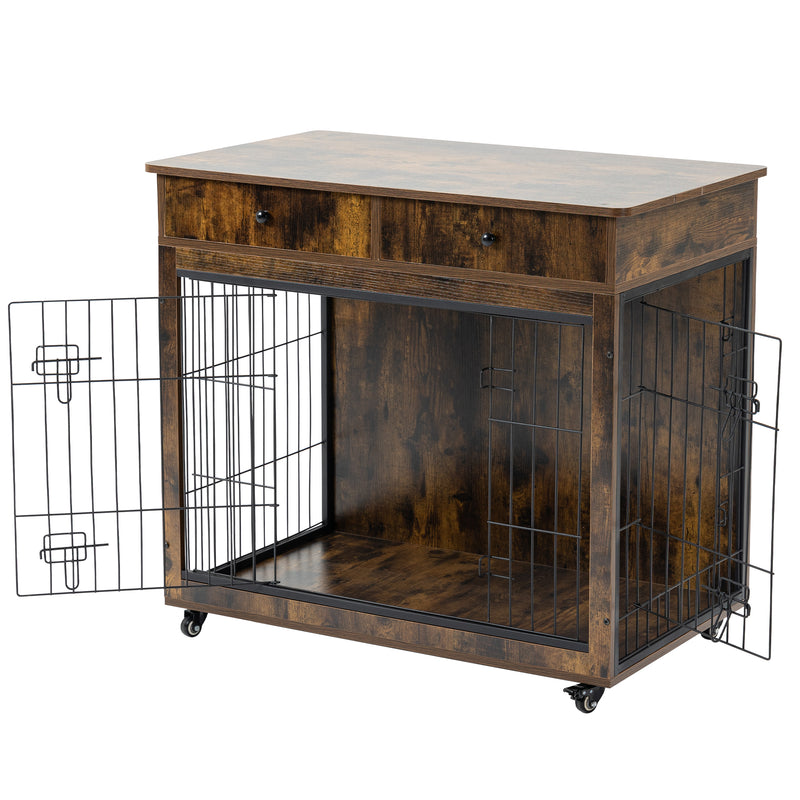 Dog Crate Furniture, Wooden Dog Crate End Table, Dog Kennel with 2 Drawers Storage, Heavy Duty Dog Crate, Decorative Pet Crate Dog Cage for Large Indoor Use