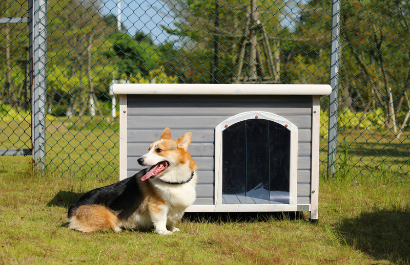 Medium Wooden Outdoor Dog House, Waterproof Roof, Elevated Floor, Adjustable Plastic Feet, Red, Grey, Yellow