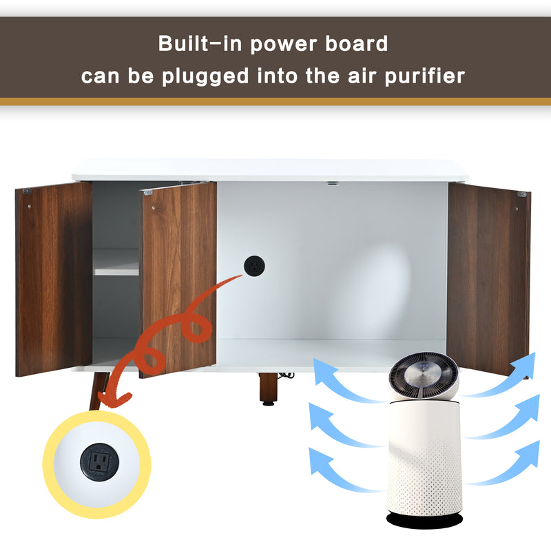 Cat Litter Box Furniture with Hidden Plug, 3 Doors,Indoor Cat Washroom Storage Bench Side Table Cat House, Large Wooden Enclused Litter Box House