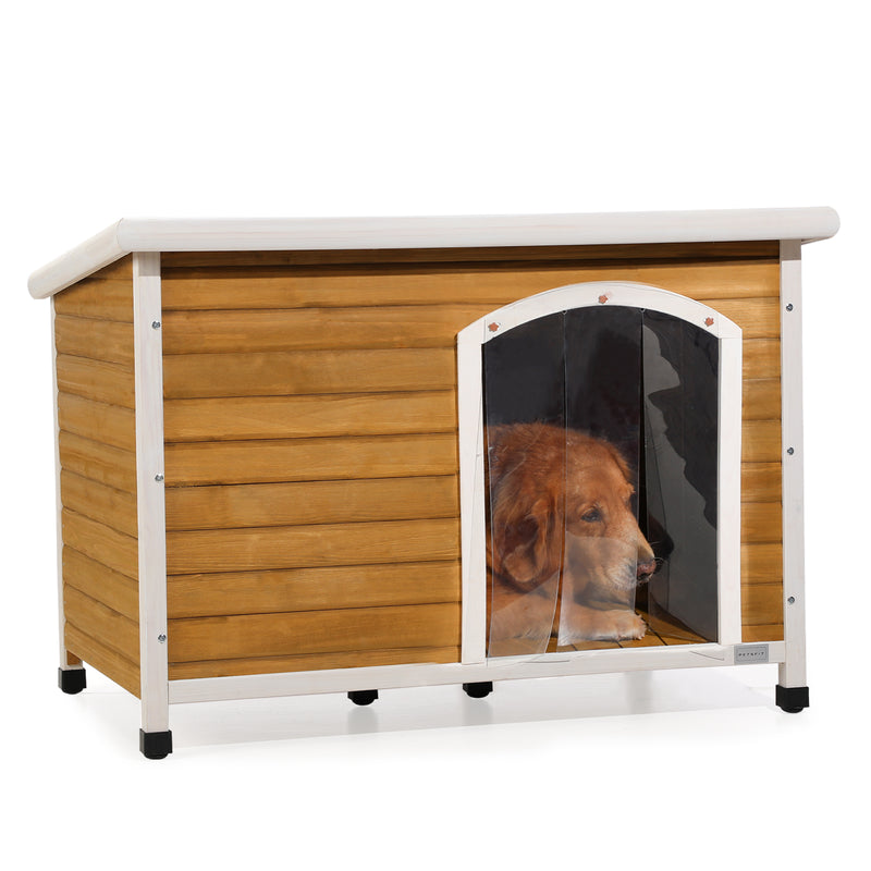 Medium Wooden Outdoor Dog House, Waterproof Roof, Elevated Floor, Adjustable Plastic Feet, Red, Grey, Yellow