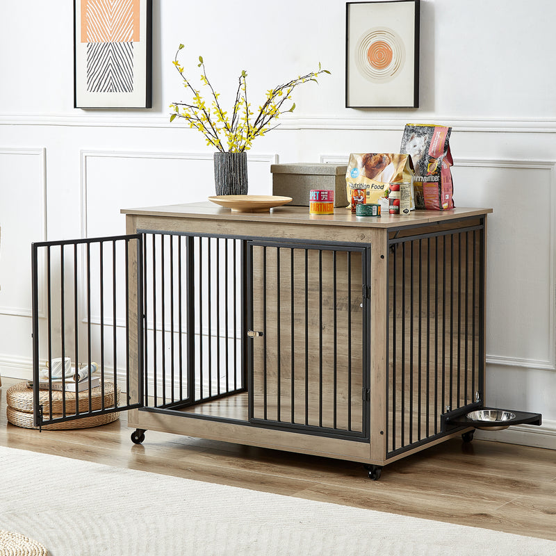 Furniture Style Dog Crate Side Table With Rotatable Feeding Bowl, Wheels, Three Doors, Flip-Up Top Opening. Indoor, Rustic Brown, Grey