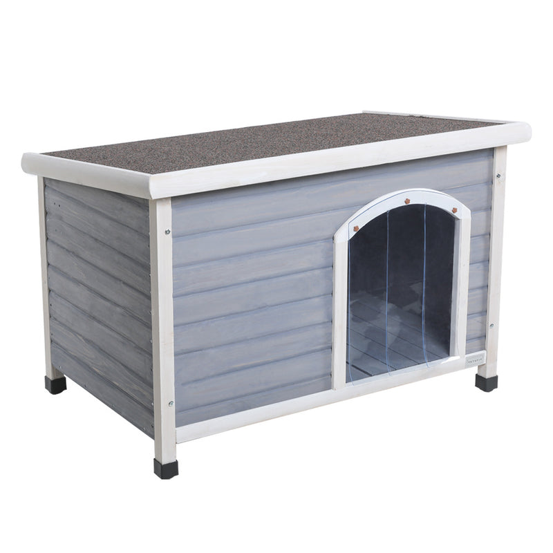 Medium Wooden Outdoor Dog House, Waterproof Roof, Elevated Floor, Adjustable Plastic Feet, Red, Grey, Yellow