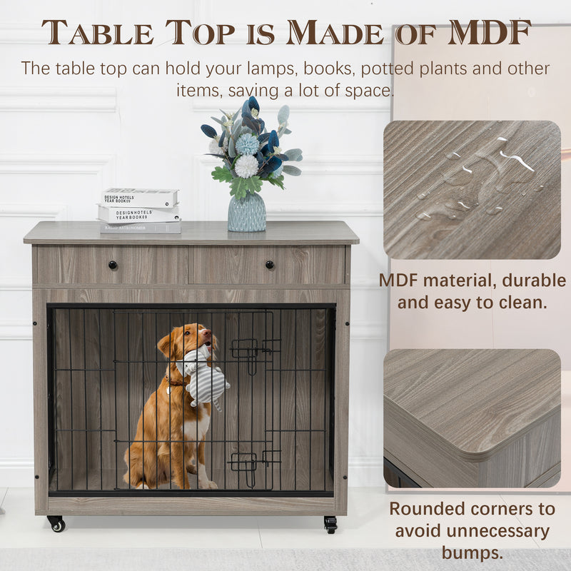 Dog Crate Furniture, Wooden Dog Crate End Table, Dog Kennel with 2 Drawers Storage, Heavy Duty Dog Crate, Decorative Pet Crate Dog Cage for Large Indoor Use