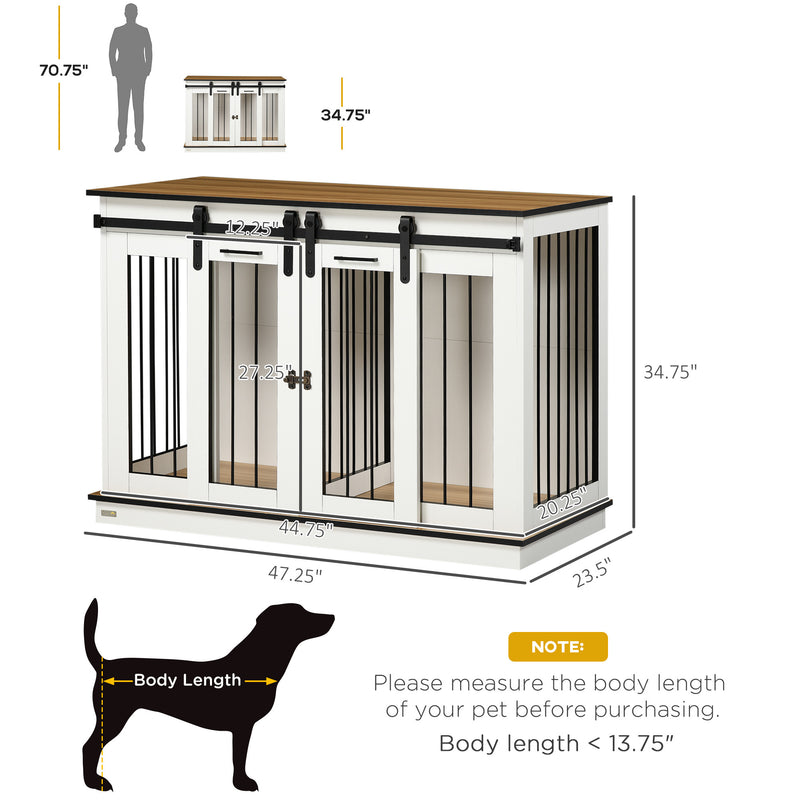 Dog Crate Furniture with Divider, Dog Crate End Table for Small to Large Dogs, Large Indoor Dog Kennel with Double Doors, 47"W x 23.5"D x 35"H, White