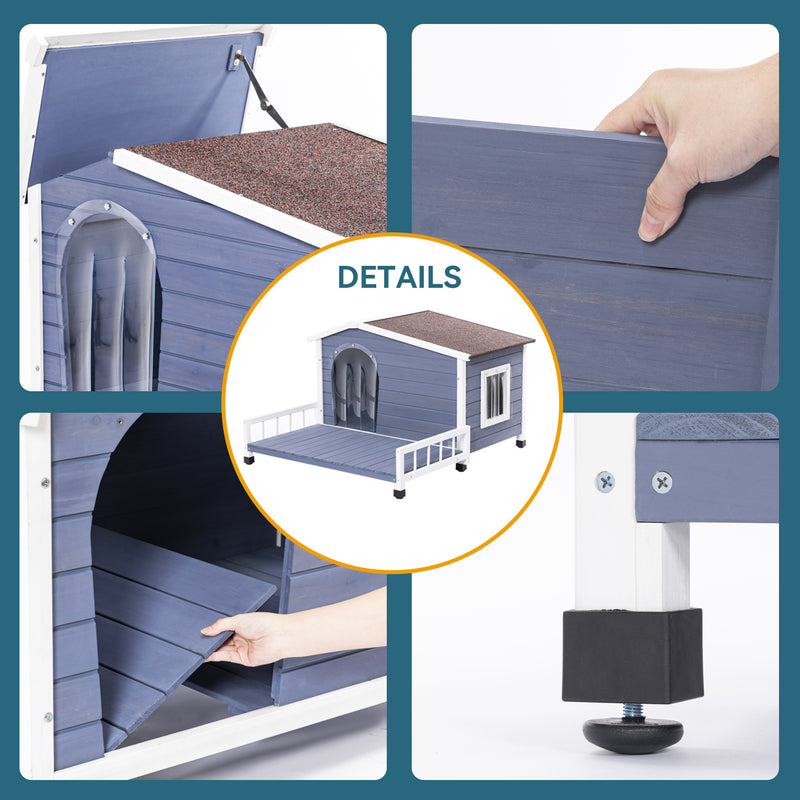 Large Wooden Dog House Indoor Outdoor with Terrace and Open Waterproof Asphalt Roof, Outdoor Dog House with Raised Floor, Windows and Door Curtains, Suitable for Small and Medium Dogs