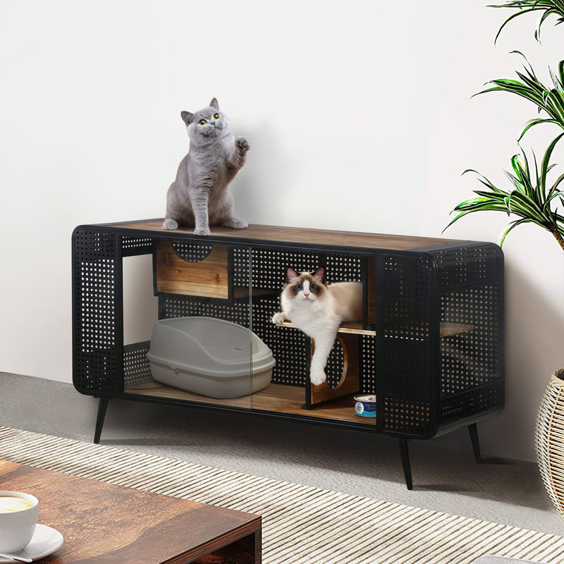 55.12 "Spacious Cat House with Tempered Glass, for Living Room, Hallway, Study and Other Spaces (White,Black)