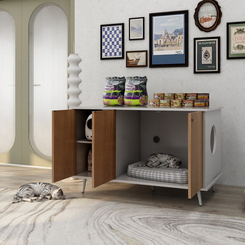 Cat Litter Box Furniture with Hidden Plug, 3 Doors,Indoor Cat Washroom Storage Bench Side Table Cat House, Large Wooden Enclused Litter Box House