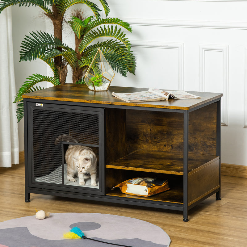 Cat Kennel, Furniture Style Dog Cage, Wood & Steel End Table Pet House with Cushion and Sliding Doors, Rustic Brown