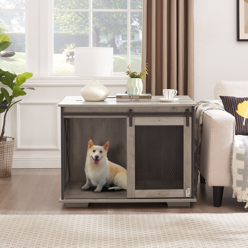 Dog Cage Crate Furniture with Sliding Barn Door, Farmhouse Wooden Dog Kennel End Table with Flip-top Plate Dog House with Detachable Divider for Small/Medium/Large Dog