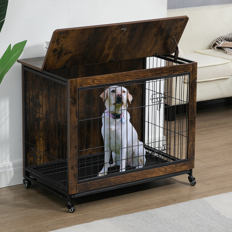 Dog Crate Furniture , Heavy Duty Wooden Dog Kennel with Double Doors & Flip-Top for Large Dogs, Furniture Style Dog Crate End Table with Wheels