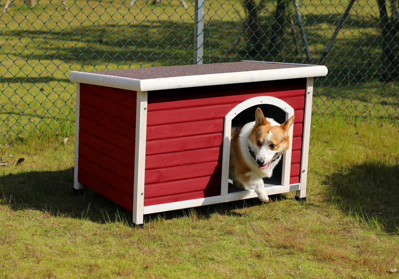 Medium Wooden Outdoor Dog House, Waterproof Roof, Elevated Floor, Adjustable Plastic Feet, Red, Grey, Yellow