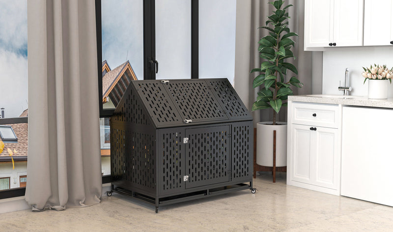 45" Heavy Duty Dog Crate 45 inch Indestructible Pet Dog Cage Crate Kennel with Roof Top 2 Doors Removable Trays, Lockable Wheels, Escape-Proof for High Anxiety Large/Extra Dogs