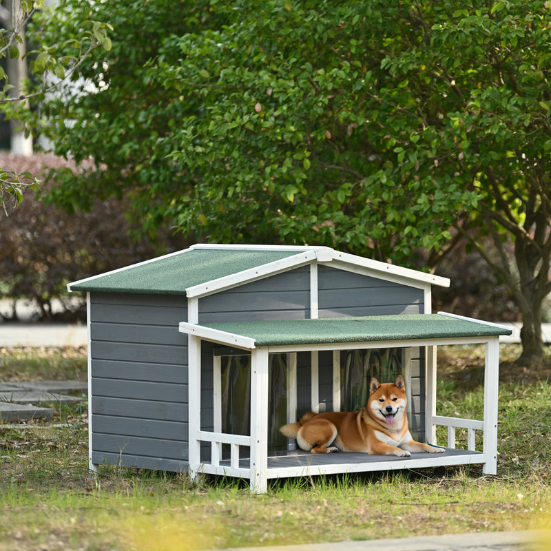47.2" Large Wooden Dog House Outdoor, Outdoor & Indoor Dog Crate, Cabin Style, With Porch, 2 Doors, Gray And Green