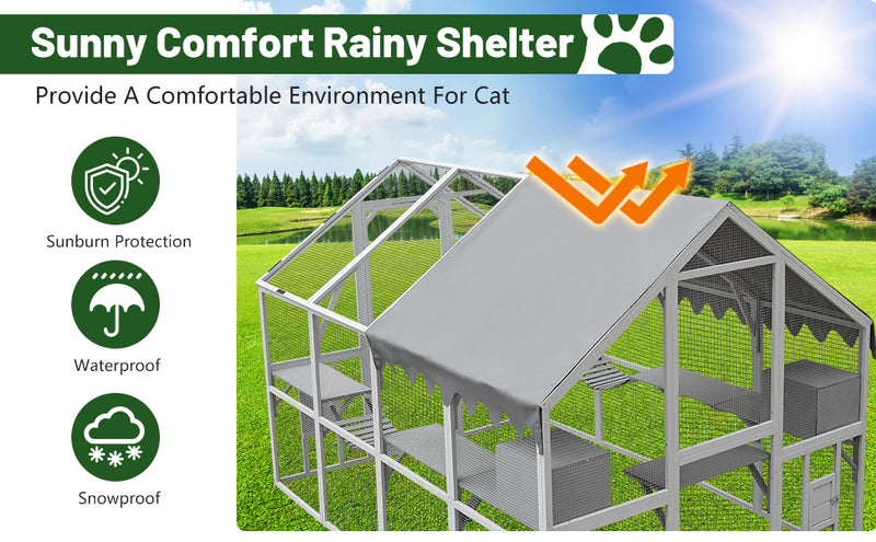 Outdoor Cat House Cat Enclosures 110" Large Kitten Playpen with Platforms,Upgrade Waterproof Cover & White