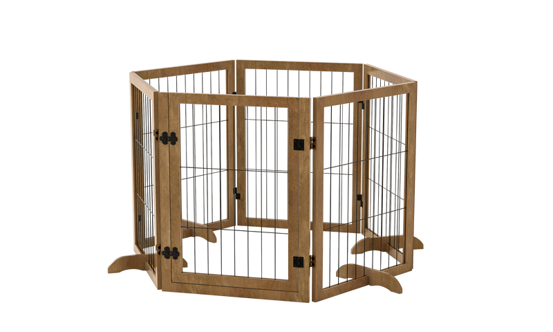 Dog Gate with Door Pet Dog Fence Barrier 6 Panels 144-inch Wide 32-inch Tall Foldable Multiple Shapes Freestanding with Support Feet Indoor Use for House Doorway Stairs Plant Stand