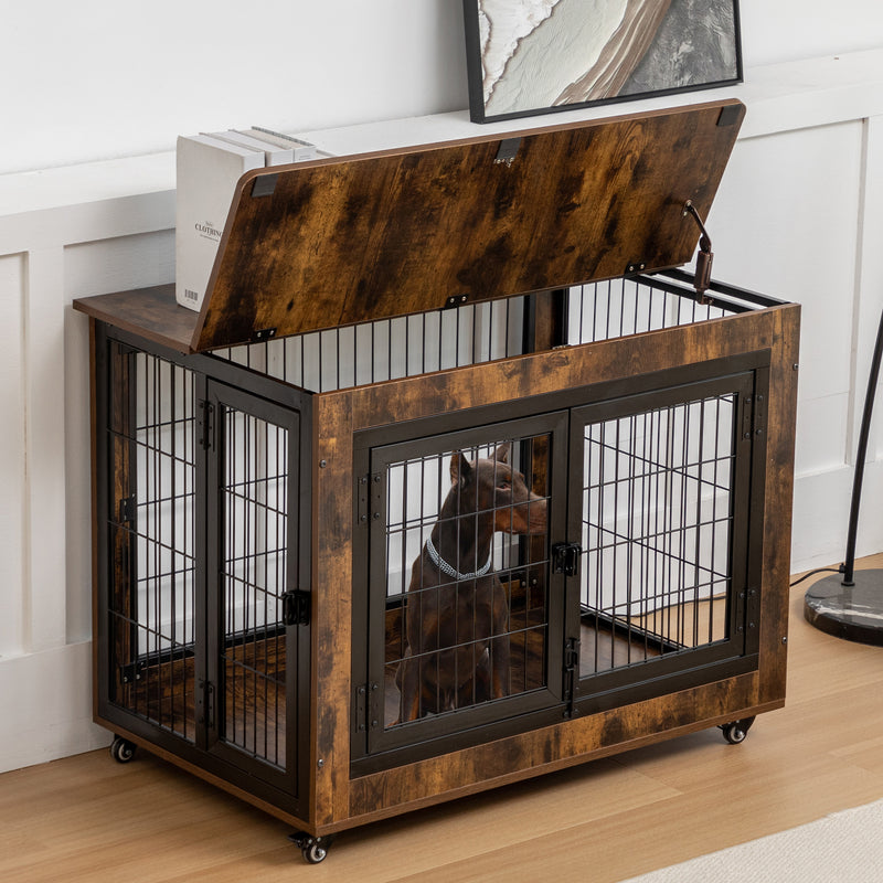 Dog Crate Furniture, Large Dog Kennel, Wooden Pet Furniture with Pull-Out Tray, Home and Indoor Use, Double Door Modern Side End Table for Medium/Large/Small Dog