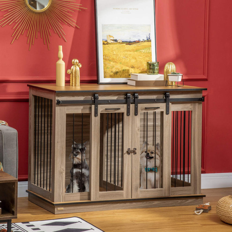 Dog Crate Furniture with Divider, Dog Crate End Table for Small to Large Dogs, Large Indoor Dog Kennel with Double Doors, 47"W x 23.5"D x 35"H, Oak