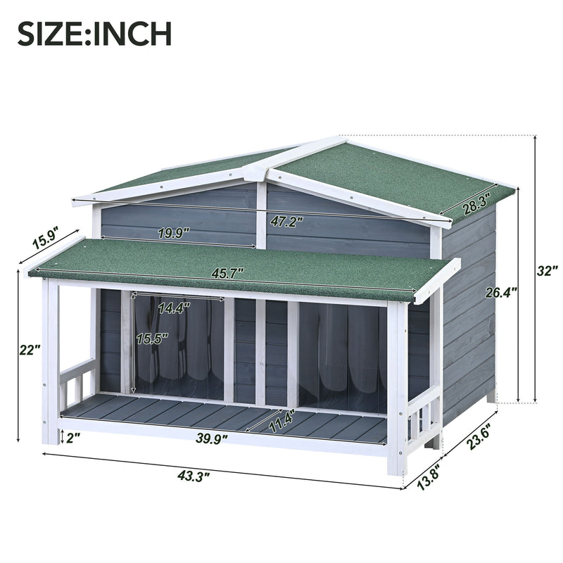 47.2" Large Wooden Dog House Outdoor, Outdoor & Indoor Dog Crate, Cabin Style, With Porch, 2 Doors, Gray And Green