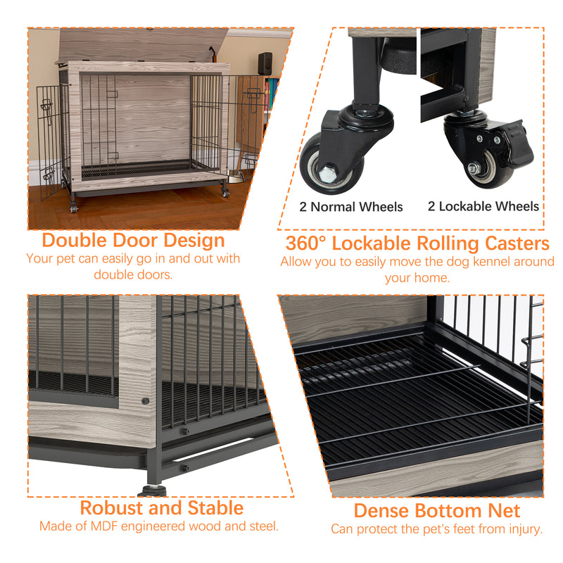 Dog Crate Furniture , Heavy Duty Wooden Dog Kennel with Double Doors & Flip-Top for Large Dogs, Furniture Style Dog Crate End Table with Wheels