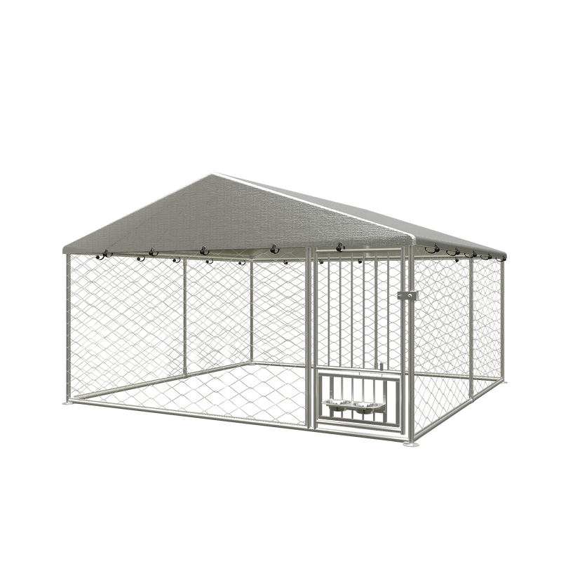 Large outdoor kennel, heavy duty outdoor fenced dog cage with swivel feeder, outdoor dog playpen with waterproof UV protection cover and safety lock,10' W x 10' D x 5' H.