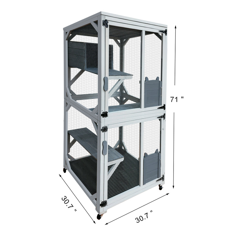 30.7" Wooden Catio Outdoor Cat Enclosure, Luxury Cat House on Wheels with Napping House, 4 Platforms & Weatherproof Asphalt Roof, Large Kitty Cat Condo Cage Shelter Playpen with Sliding Doors