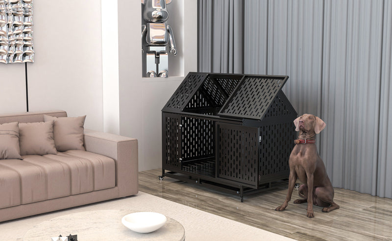 45" Heavy Duty Dog Crate 45 inch Indestructible Pet Dog Cage Crate Kennel with Roof Top 2 Doors Removable Trays, Lockable Wheels, Escape-Proof for High Anxiety Large/Extra Dogs