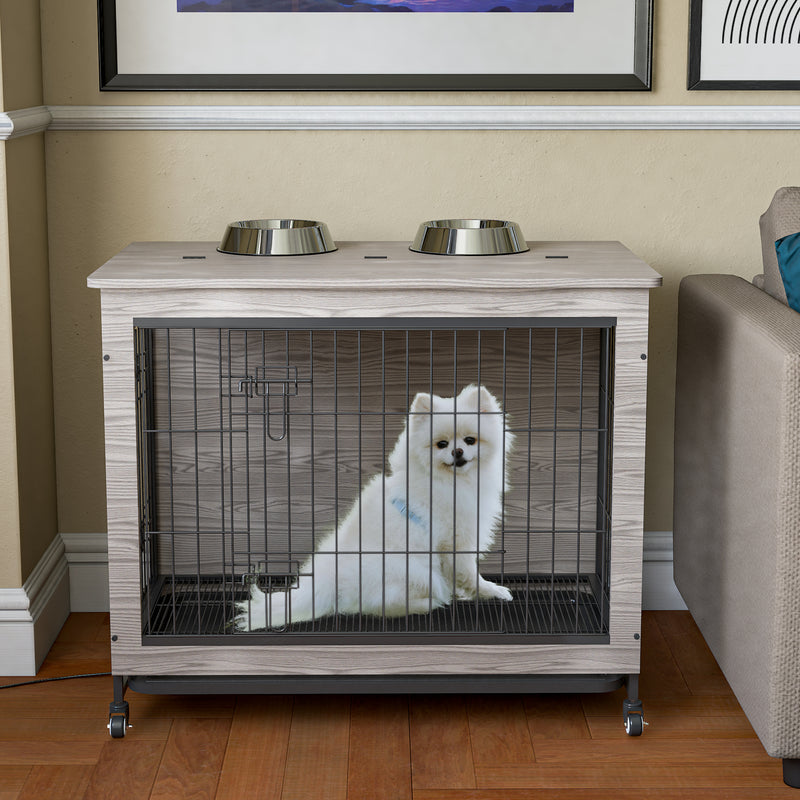 Dog Crate Furniture , Heavy Duty Wooden Dog Kennel with Double Doors & Flip-Top for Large Dogs, Furniture Style Dog Crate End Table with Wheels