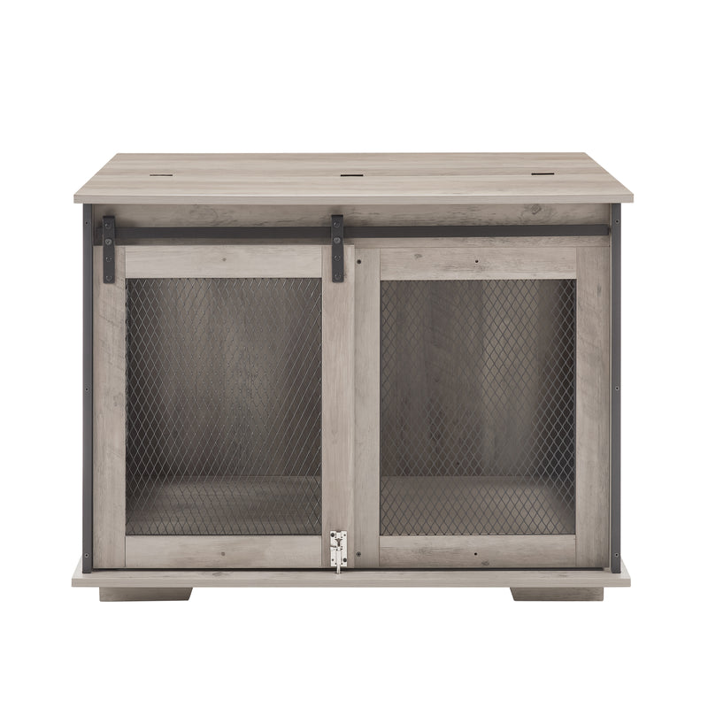 Dog Cage Crate Furniture with Sliding Barn Door, Farmhouse Wooden Dog Kennel End Table with Flip-top Plate Dog House with Detachable Divider for Small/Medium/Large Dog
