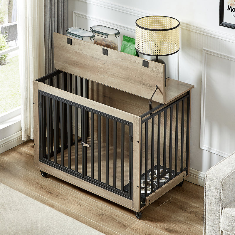 Furniture Style Dog Crate Side Table With Feeding Bowl, Wheels, Three Doors, Flip-Up Top Opening. Indoor, Rustic Brown, Grey