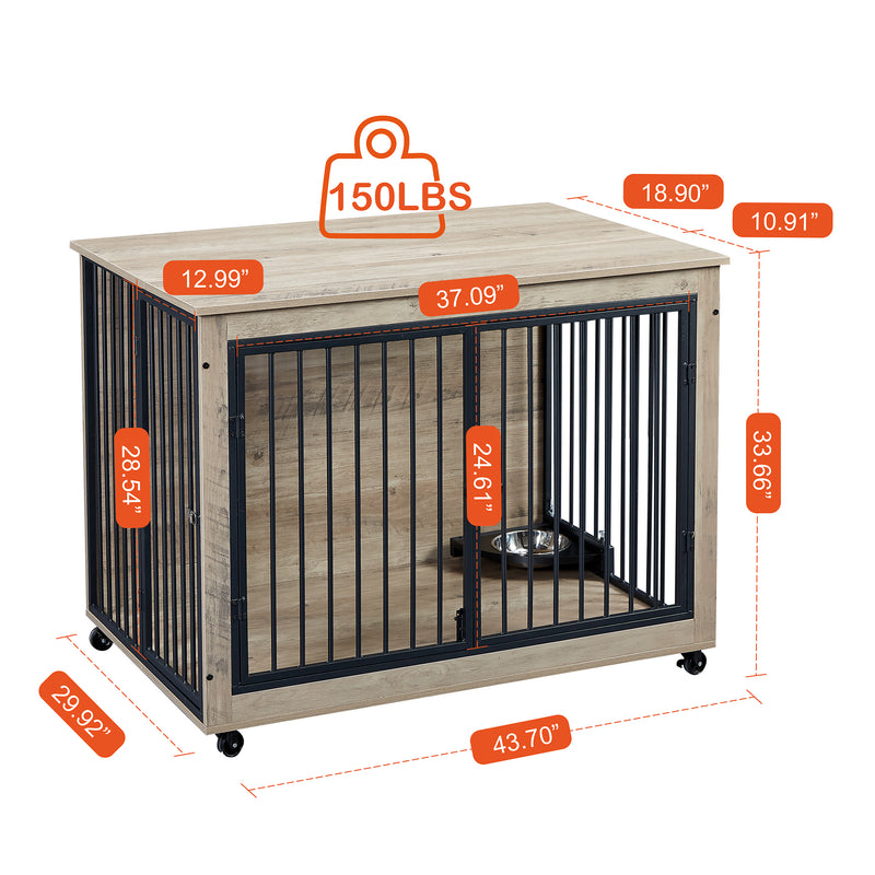 Furniture Style Dog Crate Side Table With Rotatable Feeding Bowl, Wheels, Three Doors, Flip-Up Top Opening. Indoor, Rustic Brown, Grey