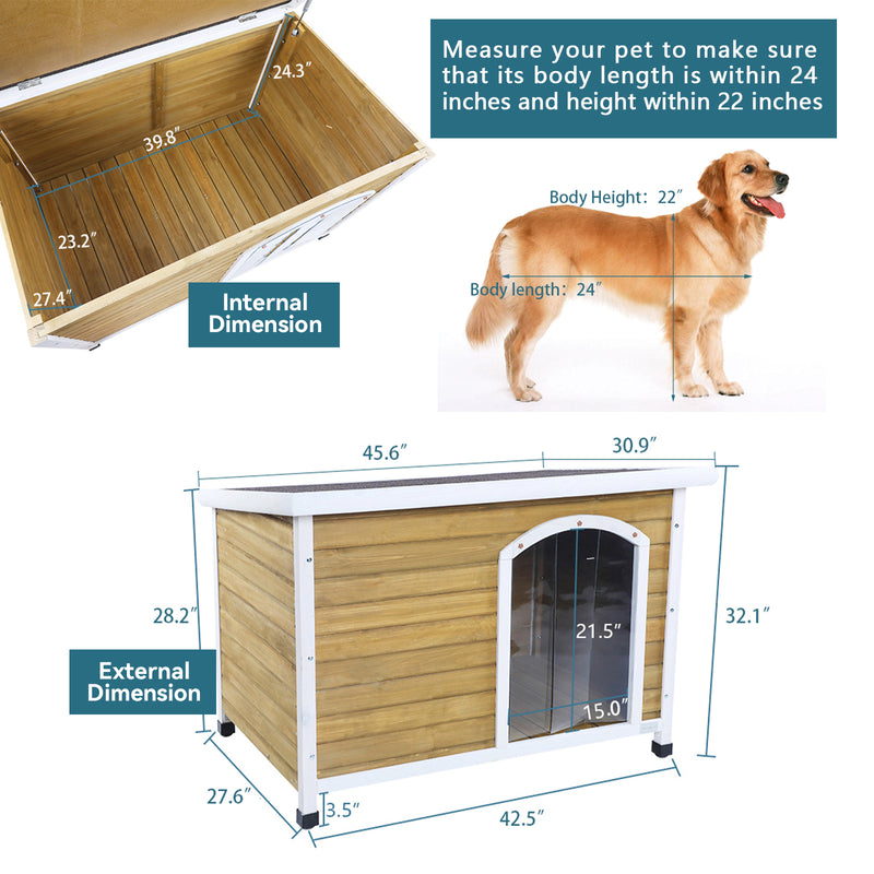 Medium Wooden Outdoor Dog House, Waterproof Roof, Elevated Floor, Adjustable Plastic Feet, Red, Grey, Yellow