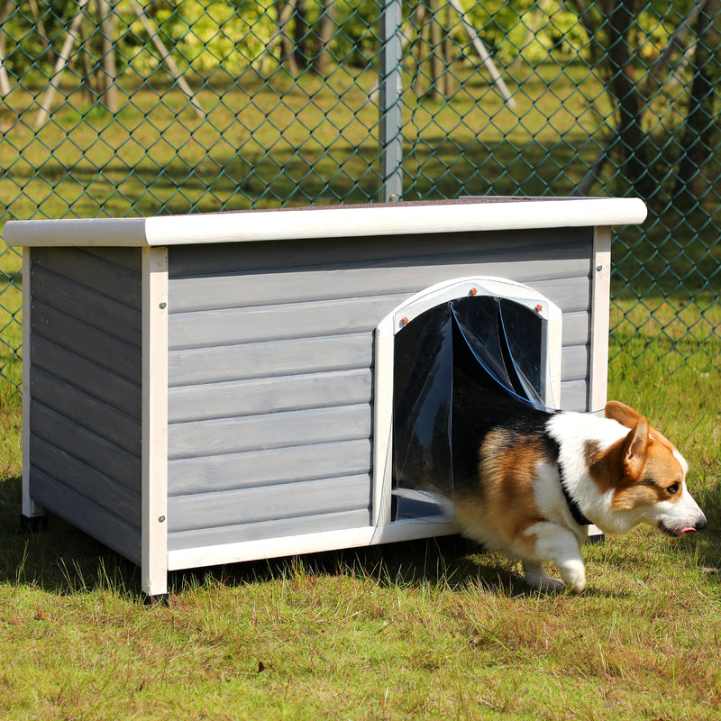 Medium Wooden Outdoor Dog House, Waterproof Roof, Elevated Floor, Adjustable Plastic Feet, Red, Grey, Yellow